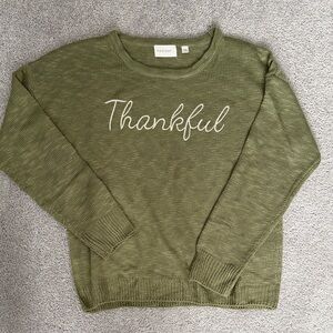 Olive Green Sweater with 'Thankful' Embroidery
